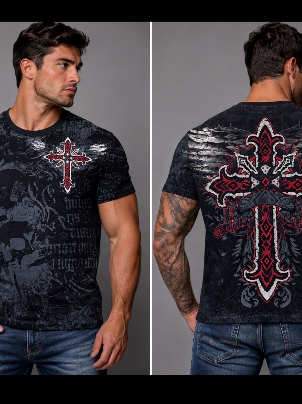 AFFLICTION Black Graphic Cross Print Men's T-Shirt motorcycle tattoo skull XL